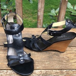 Franco Sarto Leather Wedge Sandal Black 9.5